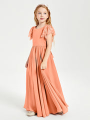 Chiffon Junior Bridesmaid Dresses Lace Flutter Sleeves Scoop Neck Papaya