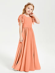 Chiffon Junior Bridesmaid Dresses Lace Flutter Sleeves Scoop Neck Papaya