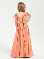 Chiffon Junior Bridesmaid Dresses Lace Flutter Sleeves Scoop Neck Papaya