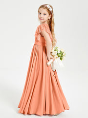 Chiffon Junior Bridesmaid Dresses Lace Flutter Sleeves Scoop Neck Papaya