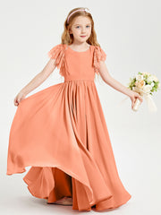 Chiffon Junior Bridesmaid Dresses Lace Flutter Sleeves Scoop Neck Papaya