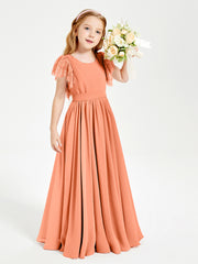 Chiffon Junior Bridesmaid Dresses Lace Flutter Sleeves Scoop Neck Papaya