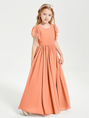 Chiffon Junior Bridesmaid Dresses Lace Flutter Sleeves Scoop Neck Papaya