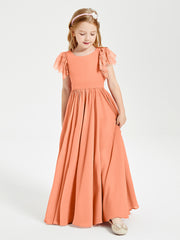 Chiffon Junior Bridesmaid Dresses Lace Flutter Sleeves Scoop Neck Papaya