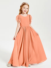 Chiffon Junior Bridesmaid Dresses Lace Flutter Sleeves Scoop Neck Papaya