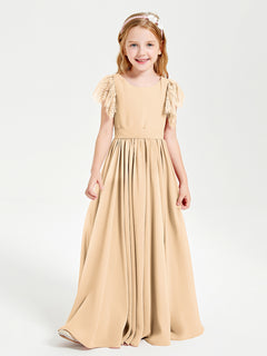 Chiffon Junior Bridesmaid Dresses Lace Flutter Sleeves Scoop Neck Peach