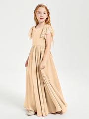 Chiffon Junior Bridesmaid Dresses Lace Flutter Sleeves Scoop Neck Peach