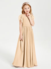 Chiffon Junior Bridesmaid Dresses Lace Flutter Sleeves Scoop Neck Peach
