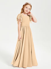 Chiffon Junior Bridesmaid Dresses Lace Flutter Sleeves Scoop Neck Peach