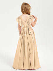 Chiffon Junior Bridesmaid Dresses Lace Flutter Sleeves Scoop Neck Peach