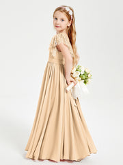 Chiffon Junior Bridesmaid Dresses Lace Flutter Sleeves Scoop Neck Peach