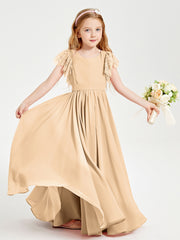 Chiffon Junior Bridesmaid Dresses Lace Flutter Sleeves Scoop Neck Peach