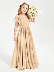 Chiffon Junior Bridesmaid Dresses Lace Flutter Sleeves Scoop Neck Peach
