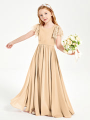 Chiffon Junior Bridesmaid Dresses Lace Flutter Sleeves Scoop Neck Peach