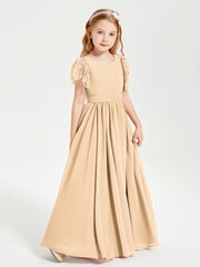 Chiffon Junior Bridesmaid Dresses Lace Flutter Sleeves Scoop Neck Peach