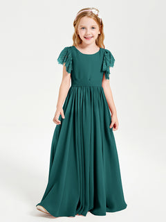 Chiffon Junior Bridesmaid Dresses Lace Flutter Sleeves Scoop Neck Peacock