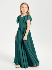 Chiffon Junior Bridesmaid Dresses Lace Flutter Sleeves Scoop Neck Peacock