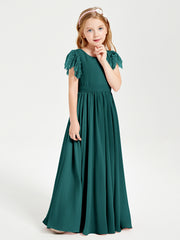 Chiffon Junior Bridesmaid Dresses Lace Flutter Sleeves Scoop Neck Peacock