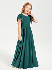 Chiffon Junior Bridesmaid Dresses Lace Flutter Sleeves Scoop Neck Peacock