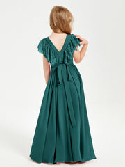 Chiffon Junior Bridesmaid Dresses Lace Flutter Sleeves Scoop Neck Peacock