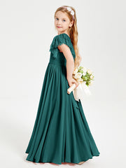 Chiffon Junior Bridesmaid Dresses Lace Flutter Sleeves Scoop Neck Peacock