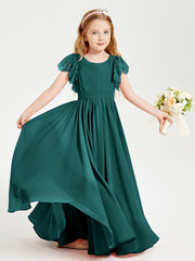 Chiffon Junior Bridesmaid Dresses Lace Flutter Sleeves Scoop Neck Peacock