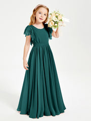 Chiffon Junior Bridesmaid Dresses Lace Flutter Sleeves Scoop Neck Peacock