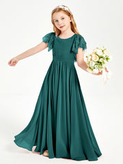 Chiffon Junior Bridesmaid Dresses Lace Flutter Sleeves Scoop Neck Peacock
