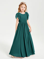 Chiffon Junior Bridesmaid Dresses Lace Flutter Sleeves Scoop Neck Peacock