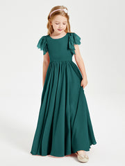 Chiffon Junior Bridesmaid Dresses Lace Flutter Sleeves Scoop Neck Peacock