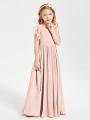 Chiffon Junior Bridesmaid Dresses Lace Flutter Sleeves Scoop Neck Pearl Pink