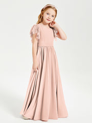 Chiffon Junior Bridesmaid Dresses Lace Flutter Sleeves Scoop Neck Pearl Pink