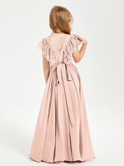 Chiffon Junior Bridesmaid Dresses Lace Flutter Sleeves Scoop Neck Pearl Pink