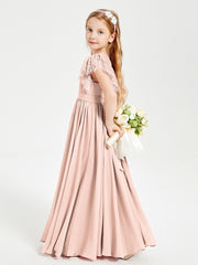 Chiffon Junior Bridesmaid Dresses Lace Flutter Sleeves Scoop Neck Pearl Pink