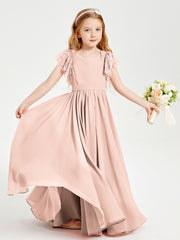Chiffon Junior Bridesmaid Dresses Lace Flutter Sleeves Scoop Neck Pearl Pink