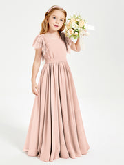 Chiffon Junior Bridesmaid Dresses Lace Flutter Sleeves Scoop Neck Pearl Pink