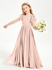 Chiffon Junior Bridesmaid Dresses Lace Flutter Sleeves Scoop Neck Pearl Pink