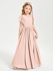 Chiffon Junior Bridesmaid Dresses Lace Flutter Sleeves Scoop Neck Pearl Pink