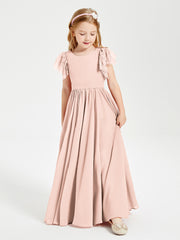 Chiffon Junior Bridesmaid Dresses Lace Flutter Sleeves Scoop Neck Pearl Pink