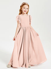 Chiffon Junior Bridesmaid Dresses Lace Flutter Sleeves Scoop Neck Pearl Pink