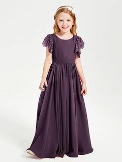 Chiffon Junior Bridesmaid Dresses Lace Flutter Sleeves Scoop Neck Plum