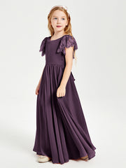 Chiffon Junior Bridesmaid Dresses Lace Flutter Sleeves Scoop Neck Plum