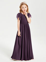 Chiffon Junior Bridesmaid Dresses Lace Flutter Sleeves Scoop Neck Plum