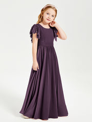 Chiffon Junior Bridesmaid Dresses Lace Flutter Sleeves Scoop Neck Plum