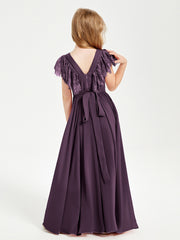 Chiffon Junior Bridesmaid Dresses Lace Flutter Sleeves Scoop Neck Plum