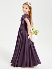 Chiffon Junior Bridesmaid Dresses Lace Flutter Sleeves Scoop Neck Plum