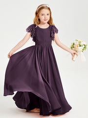 Chiffon Junior Bridesmaid Dresses Lace Flutter Sleeves Scoop Neck Plum