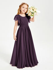 Chiffon Junior Bridesmaid Dresses Lace Flutter Sleeves Scoop Neck Plum