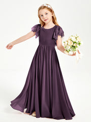 Chiffon Junior Bridesmaid Dresses Lace Flutter Sleeves Scoop Neck Plum