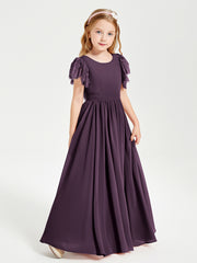 Chiffon Junior Bridesmaid Dresses Lace Flutter Sleeves Scoop Neck Plum